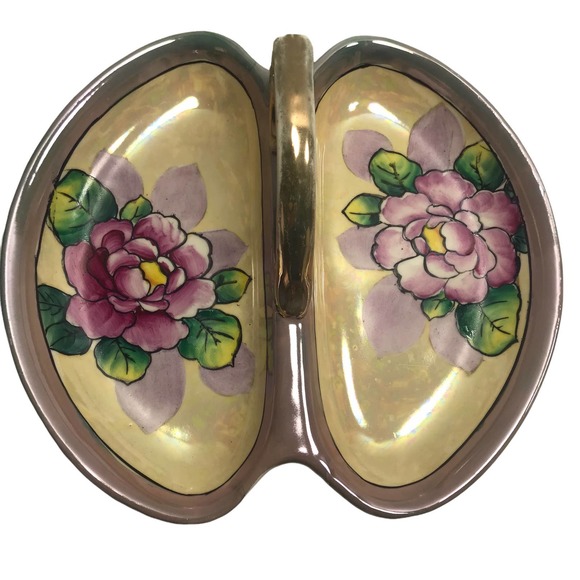 Lusterware Floral Serving Dish, Hand-Painted, Gold Trim, Divided Porcelain Dish - Picture 3 of 5